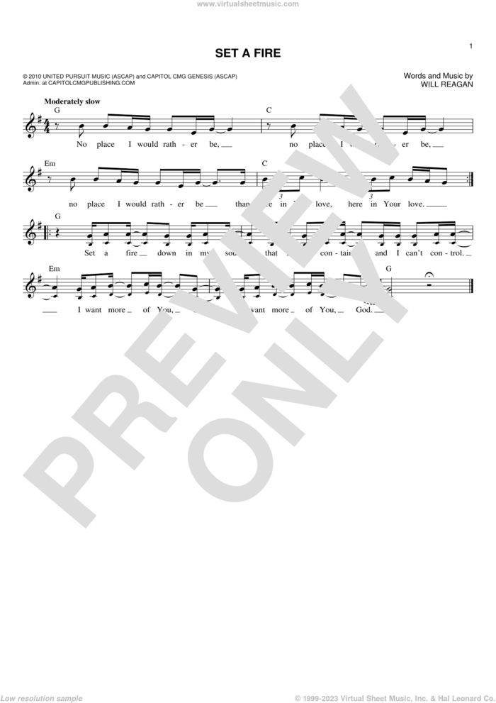 Set A Fire sheet music for voice and other instruments (fake book) by Will Reagan, intermediate skill level