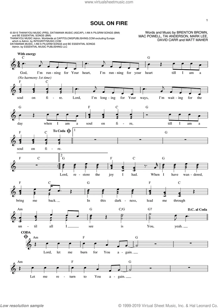 Soul On Fire sheet music for voice and other instruments (fake book) by Third Day, Brenton Brown, David Carr, Mac Powell, Mark Lee, Matt Maher and Tai Anderson, intermediate skill level