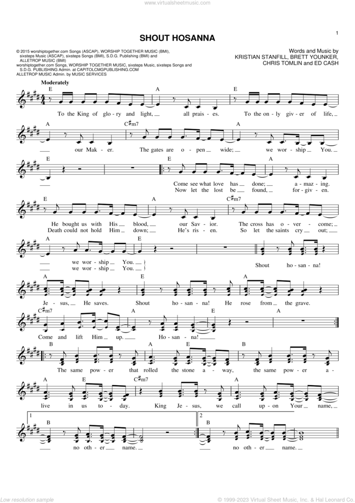 Shout Hosanna sheet music for voice and other instruments (fake book) by Chris Tomlin, Brett Younker, Ed Cash and Kristian Stanfill, intermediate skill level