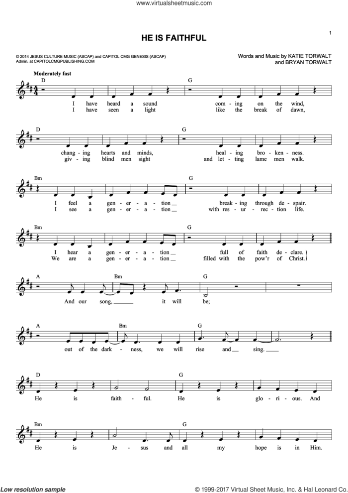 He Is Faithful sheet music for voice and other instruments (fake book) by Bryan Torwalt, Jesus Culture and Katie Torwalt, intermediate skill level