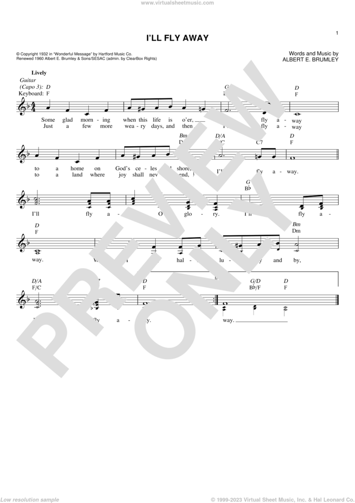 I'll Fly Away sheet music for voice and other instruments (fake book) by Albert E. Brumley, intermediate skill level