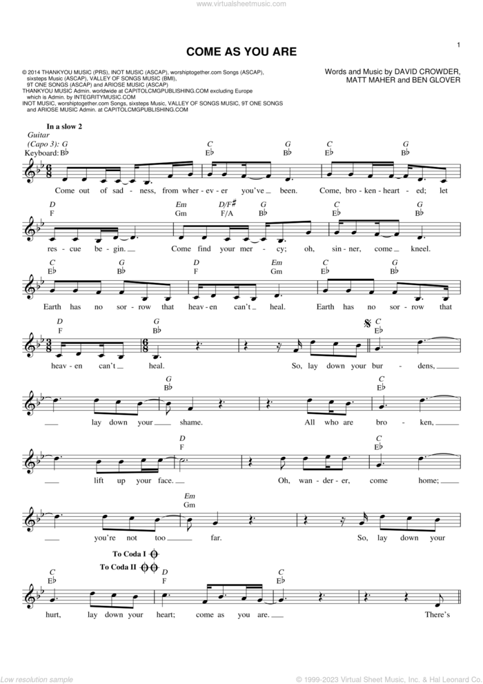 Come As You Are sheet music for voice and other instruments (fake book) by Matt Maher, Ben Glover and David Crowder, intermediate skill level