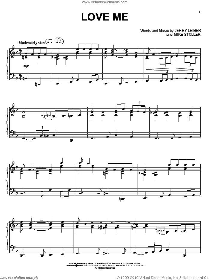 Love Me sheet music for piano solo by Elvis Presley, Leiber & Stoller, Jerry Leiber and Mike Stoller, intermediate skill level