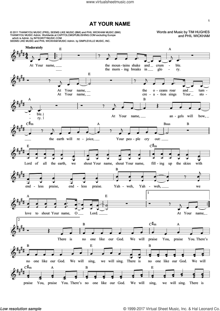 At Your Name sheet music for voice and other instruments (fake book) by Tim Hughes and Phil Wickham, intermediate skill level