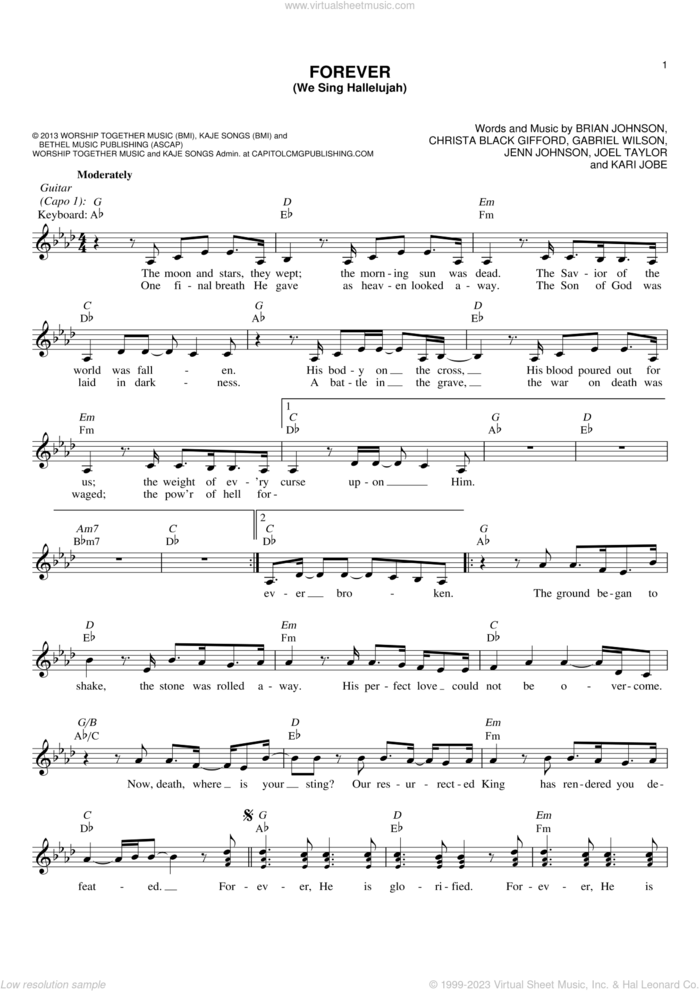 Forever (We Sing Hallelujah) sheet music for voice and other instruments (fake book) by Brian Johnson, Christa Black Gifford, Gabriel Wilson, Jenn Johnson, Joel Taylor and Kari Jobe, intermediate skill level