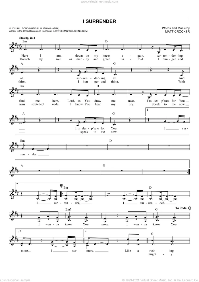 I Surrender sheet music for voice and other instruments (fake book) by Hillsong Live and Matt Crocker, intermediate skill level