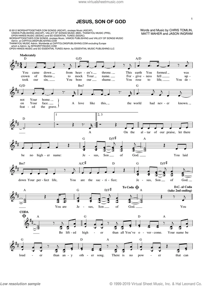 Jesus, Son Of God sheet music for voice and other instruments (fake book) by Passion, Chris Tomlin, Jason Ingram and Matt Maher, intermediate skill level
