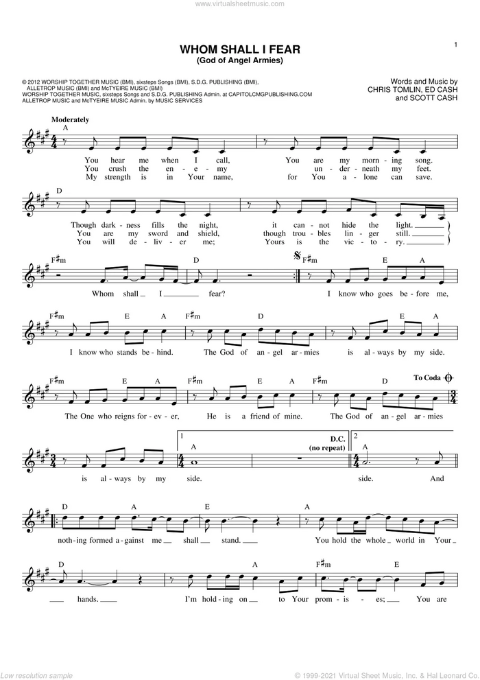 Whom Shall I Fear (God Of Angel Armies) sheet music for voice and other instruments (fake book) by Scott Cash, Chris Tomlin and Ed Cash, intermediate skill level