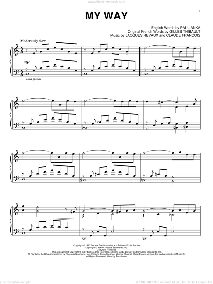 My Way sheet music for piano solo by Elvis Presley, Frank Sinatra, Claude Francois, Gilles Thibault, Jacques Revaux and Paul Anka, intermediate skill level