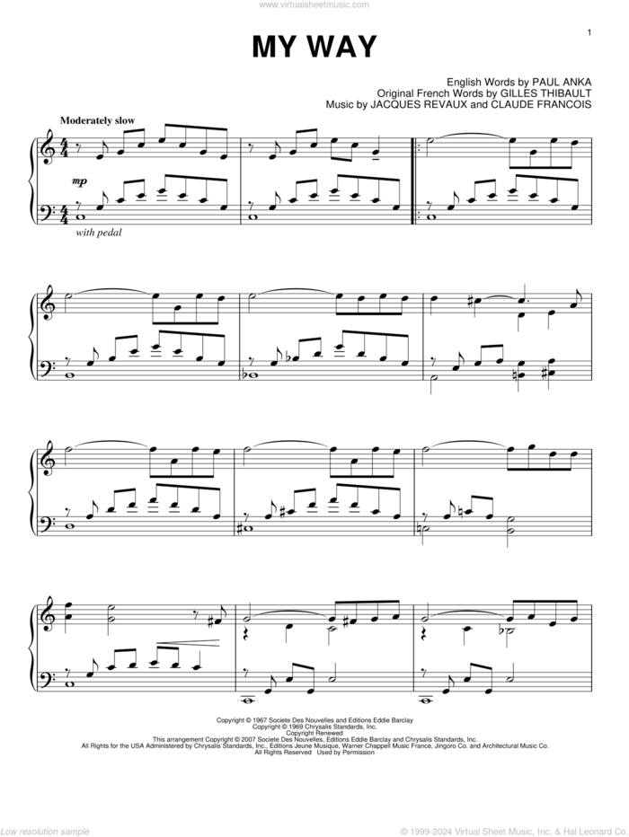 My Way sheet music for piano solo by Elvis Presley, Frank Sinatra, Claude Francois, Gilles Thibault, Jacques Revaux and Paul Anka, intermediate skill level