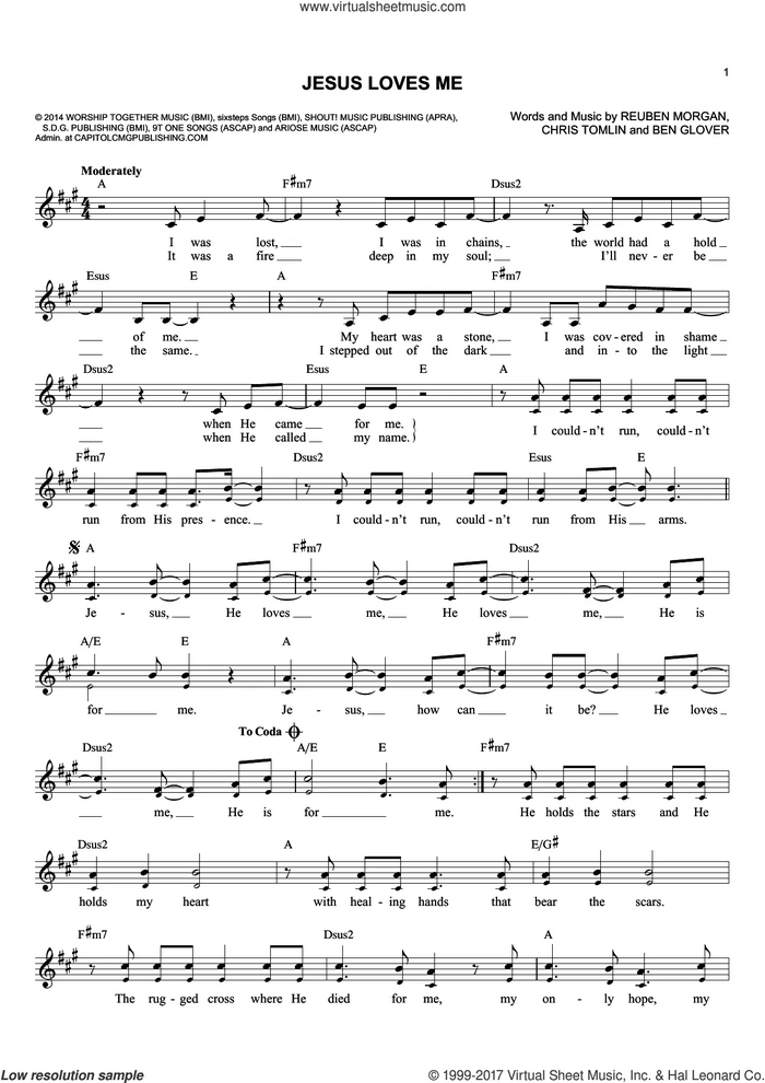 Jesus Loves Me sheet music for voice and other instruments (fake book) by Chris Tomlin, Ben Glover and Reuben Morgan, intermediate skill level