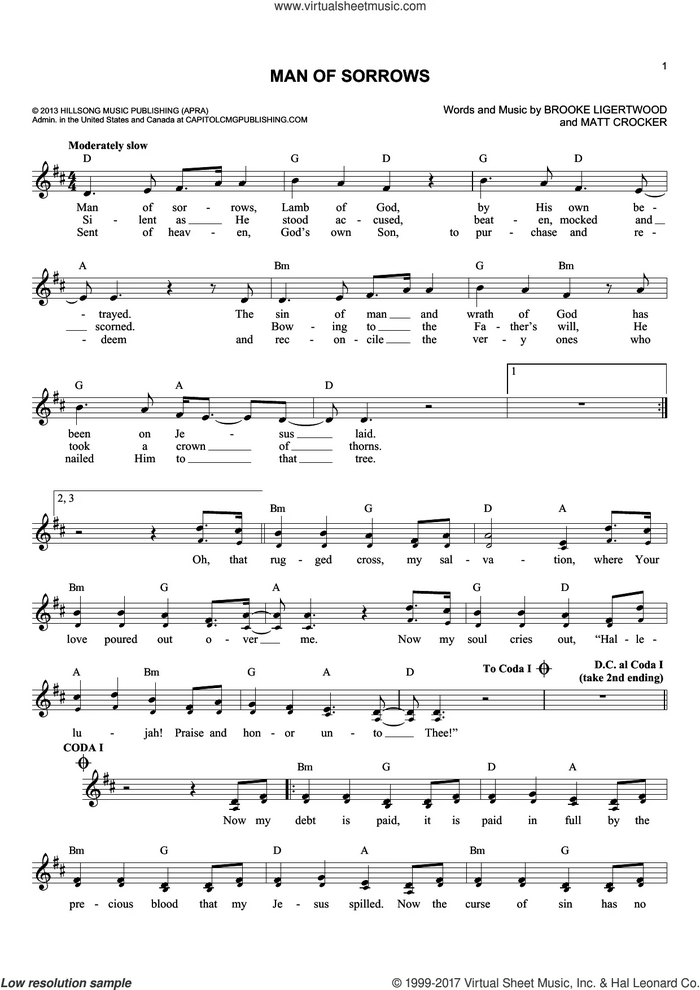 Man Of Sorrows sheet music for voice and other instruments (fake book) by Brooke Ligertwood and Matt Crocker, intermediate skill level