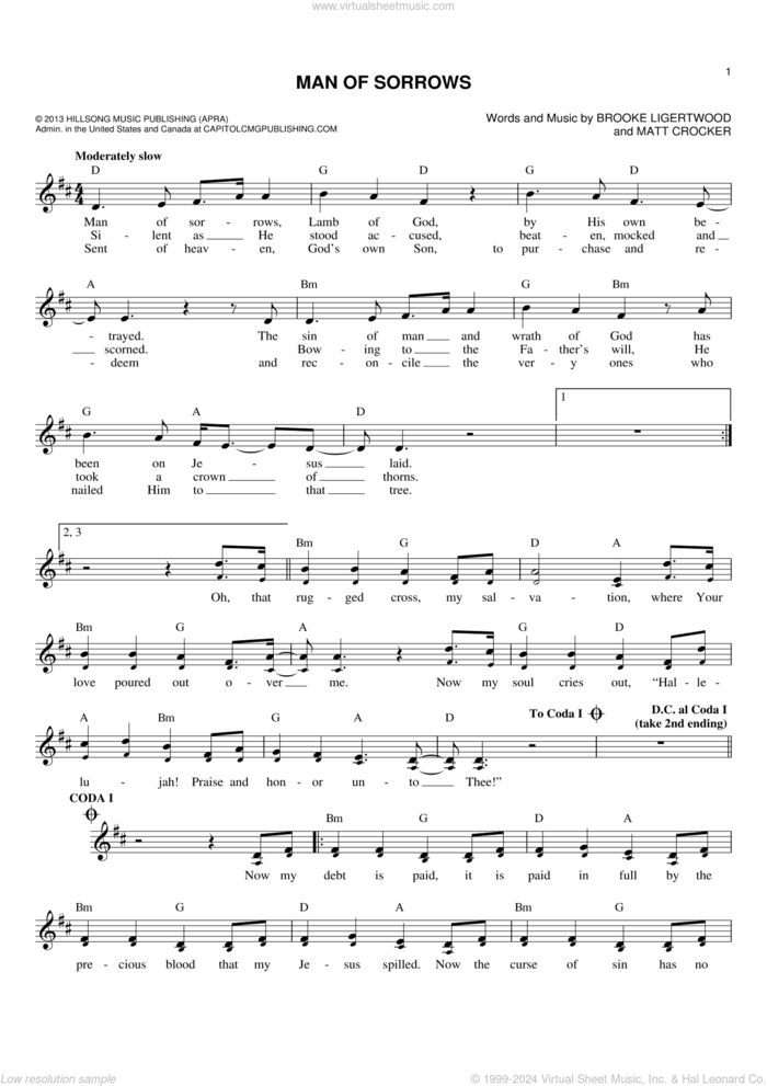 Man Of Sorrows sheet music for voice and other instruments (fake book) by Brooke Ligertwood and Matt Crocker, intermediate skill level