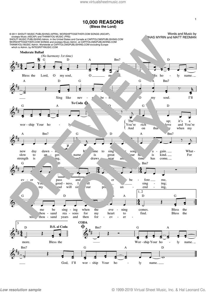 10,000 Reasons (Bless The Lord) sheet music for voice and other instruments (fake book) by Matt Redman and Jonas Myrin, intermediate skill level