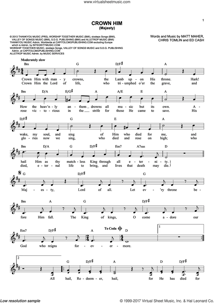 Crown Him (Majesty) sheet music for voice and other instruments (fake book) by Chris Tomlin, Ed Cash and Matt Maher, intermediate skill level