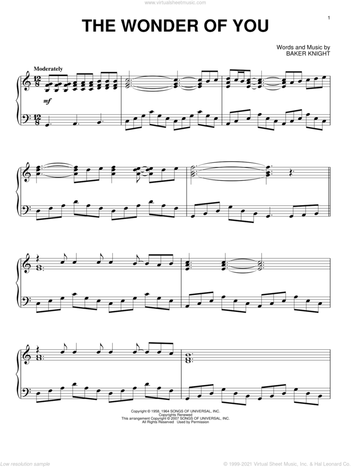 The Wonder Of You sheet music for piano solo by Elvis Presley and Baker Knight, intermediate skill level