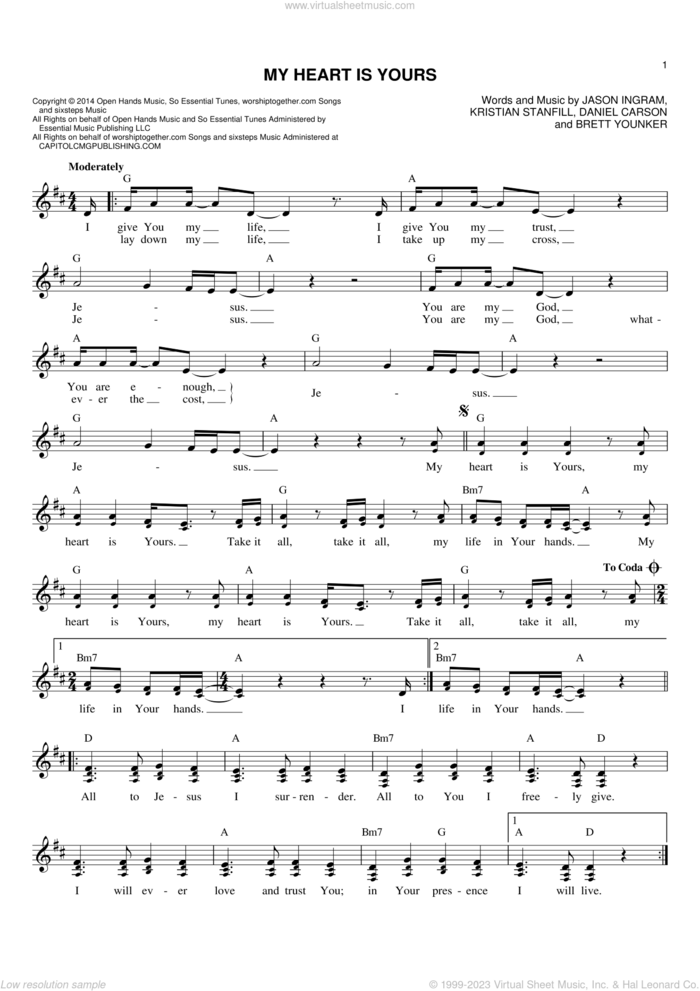 My Heart Is Yours sheet music for voice and other instruments (fake book) by Brett Younker, Daniel Carson, Jason Ingram and Kristian Stanfill, intermediate skill level