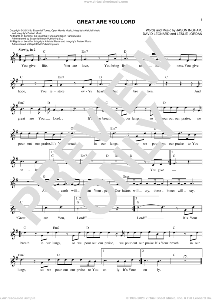 Great Are You Lord sheet music for voice and other instruments (fake book) by Jason Ingram, David Leonard and Leslie Jordan, intermediate skill level