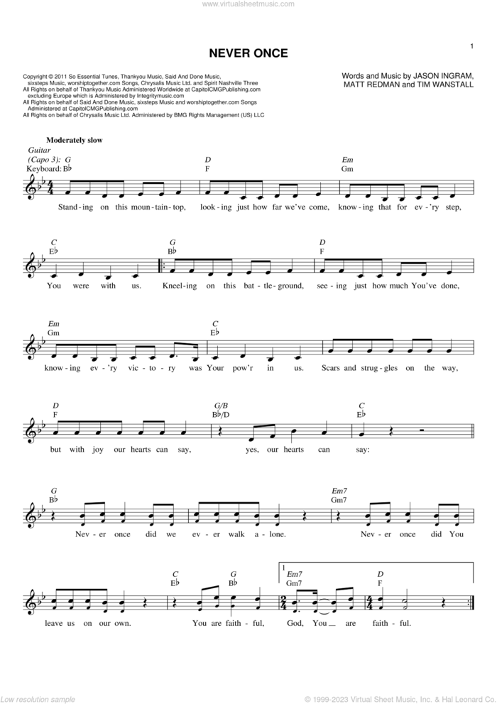 Never Once sheet music for voice and other instruments (fake book) by Matt Redman, Jason Ingram and Tim Wanstall, intermediate skill level