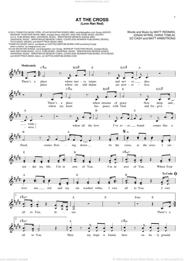 At The Cross (Love Ran Red) sheet music for voice and other instruments (fake book) by Ed Cash, Chris Tomlin, Jonas Myrin, Matt Armstrong and Matt Redman, intermediate skill level