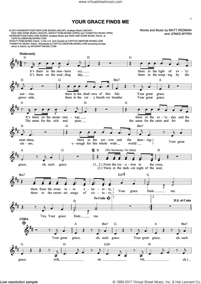 Your Grace Finds Me sheet music for voice and other instruments (fake book) by Jonas Myrin and Matt Redman, intermediate skill level