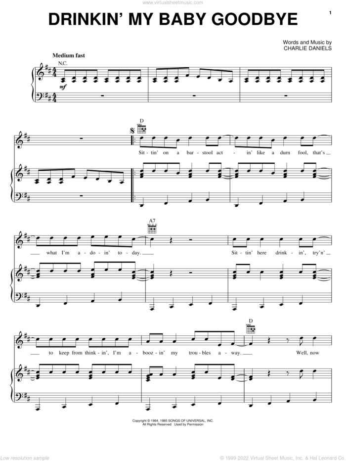 Drinkin' My Baby Goodbye sheet music for voice, piano or guitar by Charlie Daniels Band and Charlie Daniels, intermediate skill level