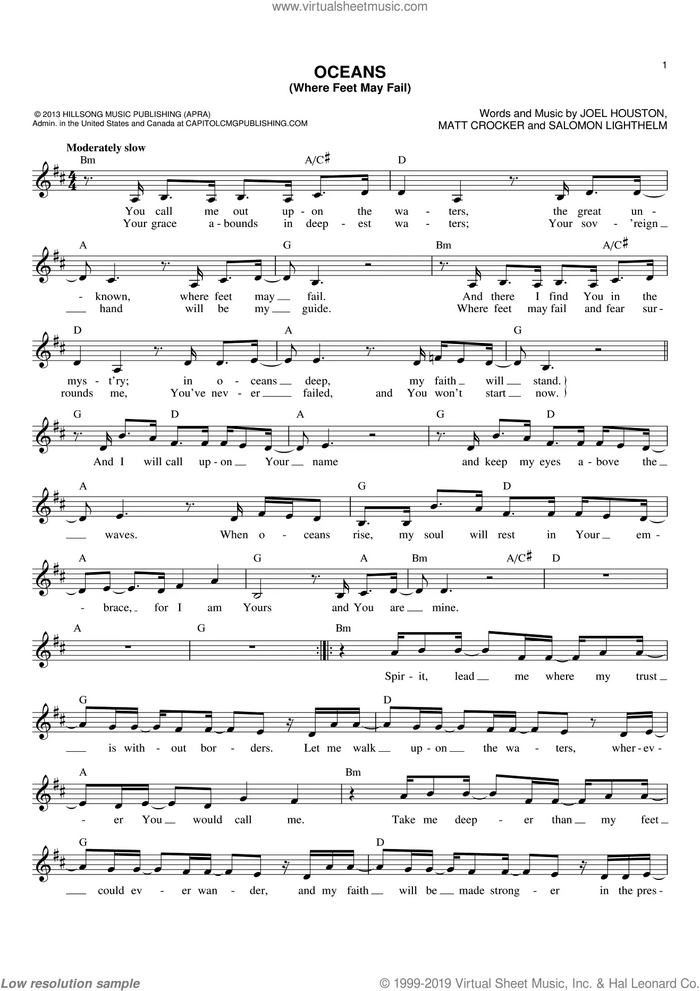 Oceans (Where Feet May Fail) sheet music for voice and other instruments (fake book) by Hillsong United, Joel Houston, Matt Crocker and Salomon Lighthelm, intermediate skill level