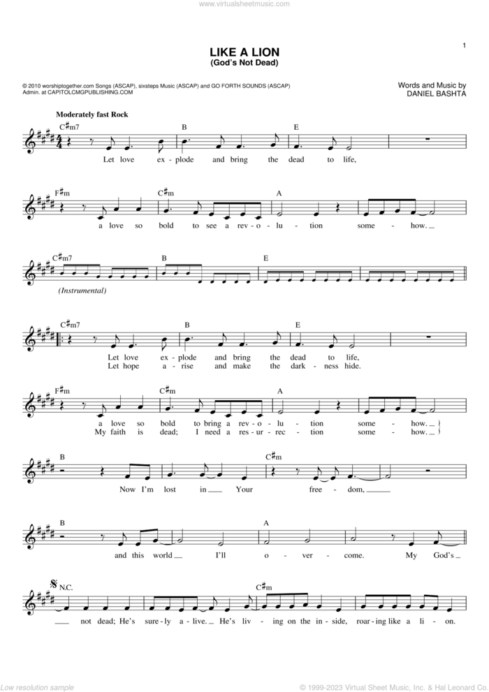 Like A Lion (God's Not Dead) sheet music for voice and other instruments (fake book) by Daniel Bashta, intermediate skill level