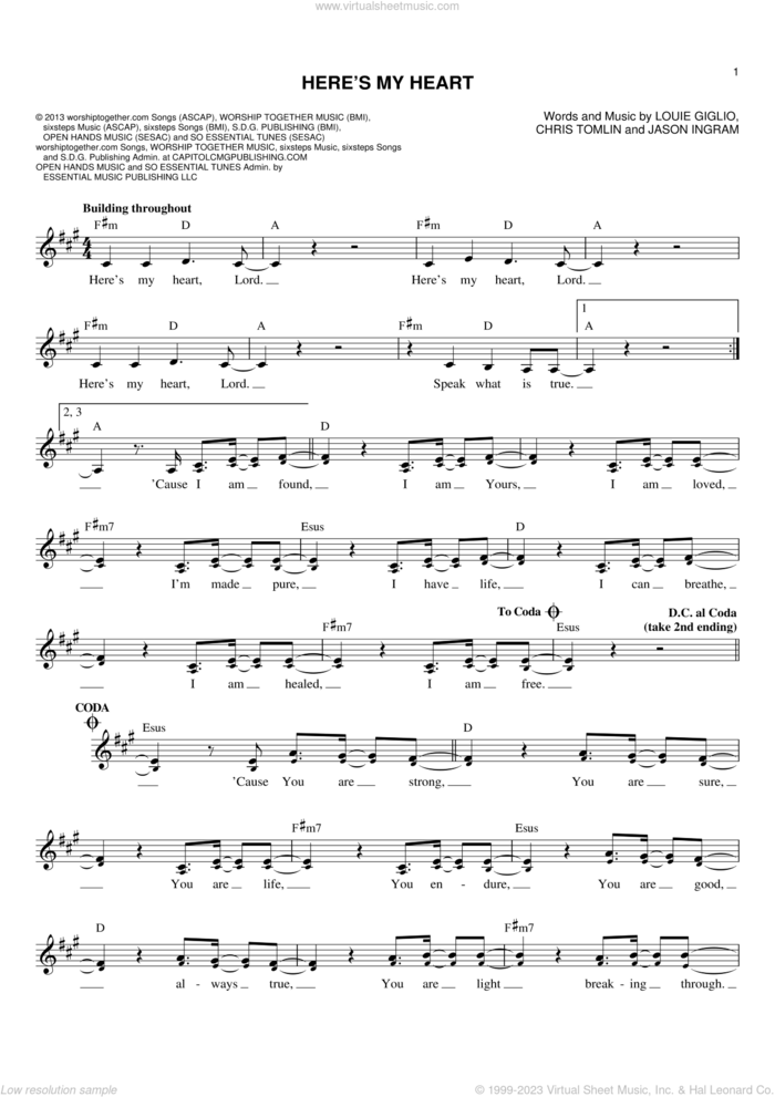 Here's My Heart sheet music for voice and other instruments (fake book) by Passion, Chris Tomlin, Jason Ingram and Louie Giglio, intermediate skill level