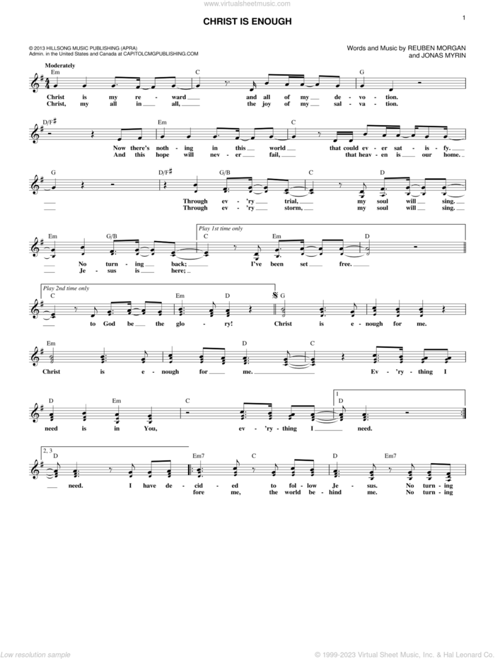 Christ Is Enough sheet music for voice and other instruments (fake book) by Reuben Morgan, Hillsong Live and Jonas Myrin, intermediate skill level