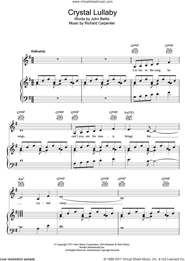 Crystal Lullaby sheet music for voice, piano or guitar by Carpenters, intermediate skill level