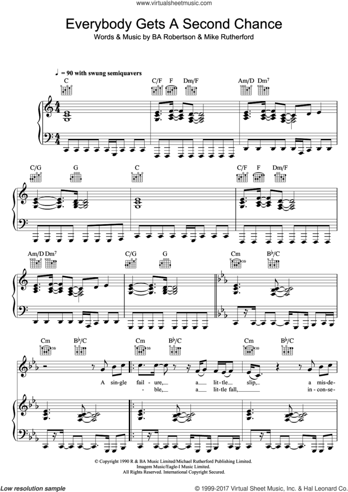 Everybody Gets A Second Chance sheet music for voice, piano or guitar by Mike and The Mechanics, intermediate skill level