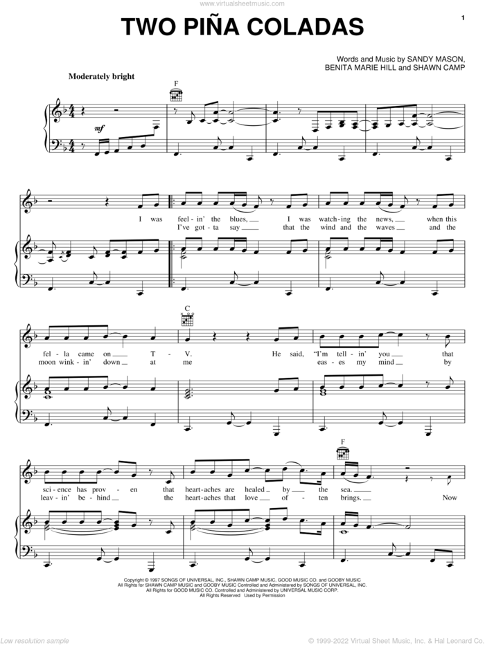 Two Pina Coladas sheet music for voice, piano or guitar by Garth Brooks, Benita Marie Hill, Sandy Mason and Shawn Camp, intermediate skill level