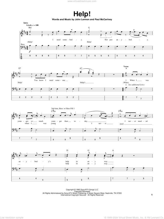 Help! sheet music for bass (tablature) (bass guitar) by The Beatles, John Lennon and Paul McCartney, intermediate skill level