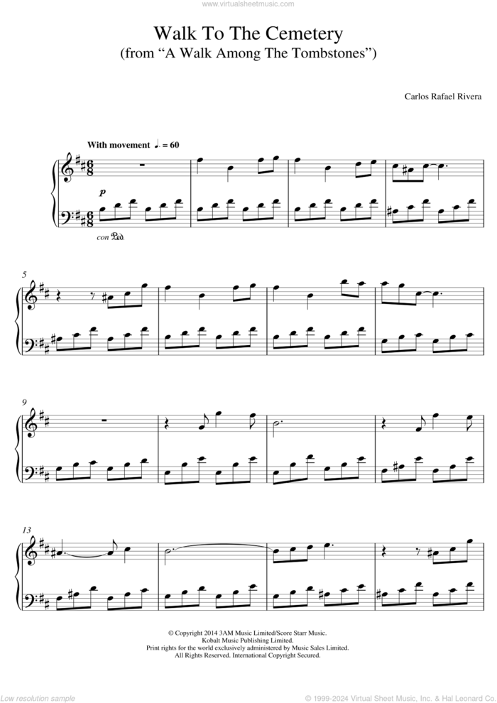 Walk To The Cemetery (from A Walk Among The Tombstones) sheet music for piano solo by Carlos Rafael Rivera, intermediate skill level