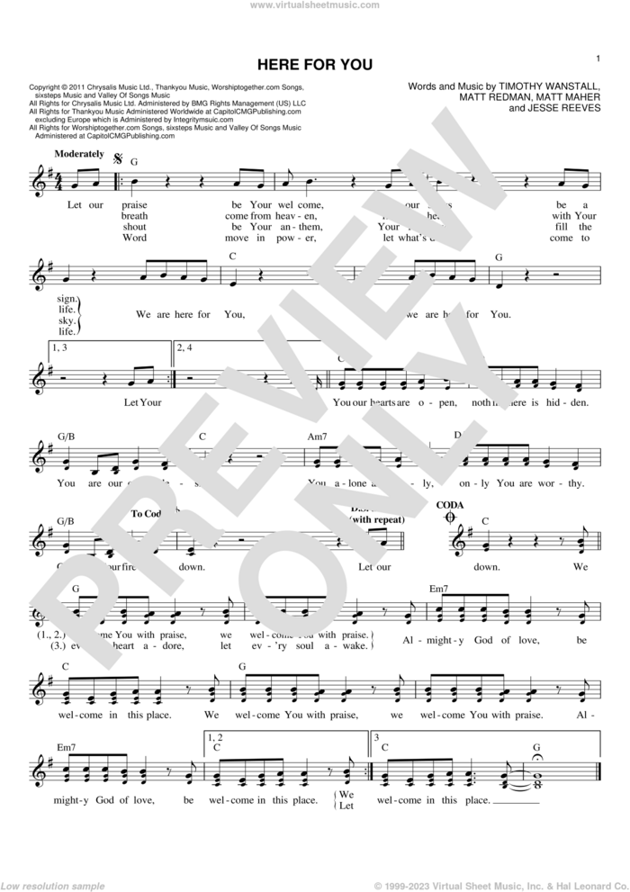 Here For You sheet music for voice and other instruments (fake book) by Passion, Jesse Reeves, Matt Maher, Matt Redman and Tim Wanstall, intermediate skill level