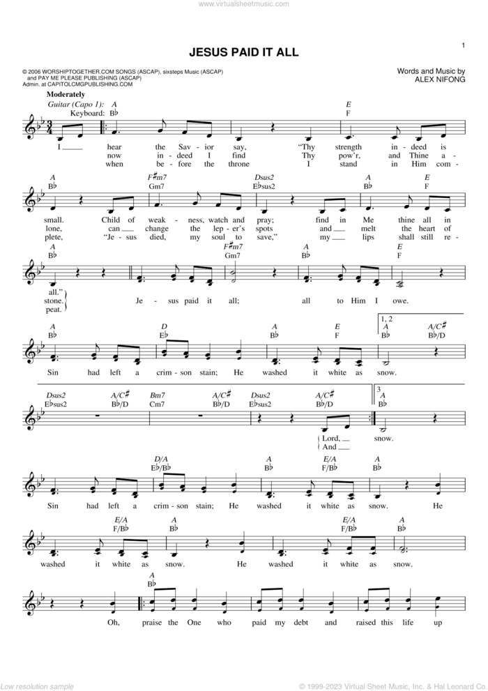 Jesus Paid It All sheet music for voice and other instruments (fake book) by Alex Nifong, intermediate skill level