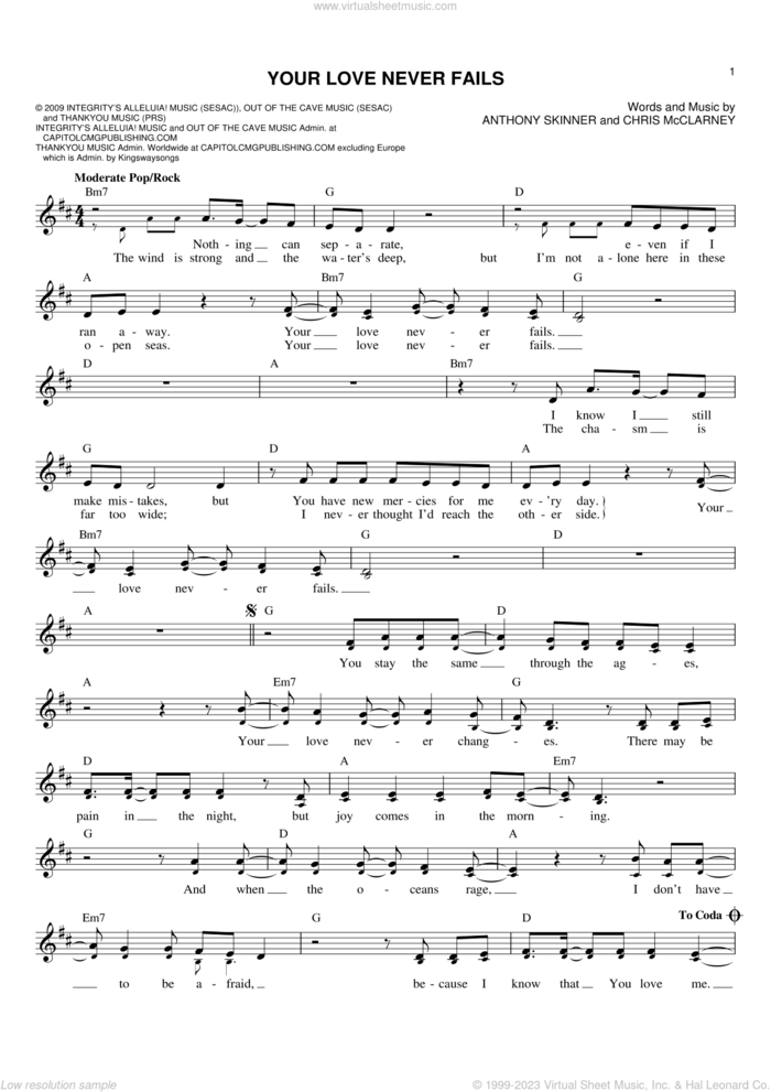 Your Love Never Fails sheet music for voice and other instruments (fake book) by Jesus Culture, Anthony Skinner and Chris McClarney, intermediate skill level
