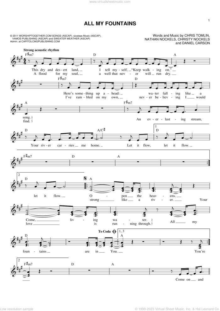 All My Fountains sheet music for voice and other instruments (fake book) by Passion, Chris Tomlin, Christy Nockels, Daniel Carson and Nathan Nockels, intermediate skill level