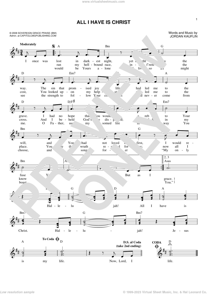 All I Have Is Christ sheet music for voice and other instruments (fake book) by Jordan Kauflin, intermediate skill level
