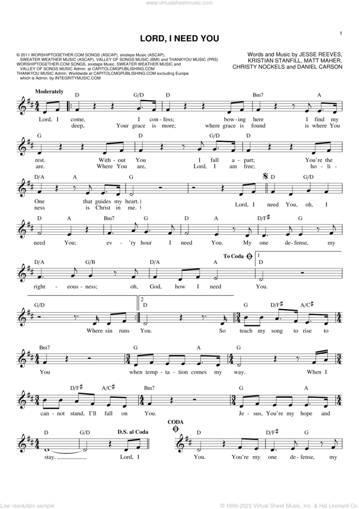 Lord, I Need You sheet music for voice and other instruments (fake book) by Passion, Christy Nockels, Daniel Carson, Jesse Reeves, Kristian Stanfill and Matt Maher, intermediate skill level