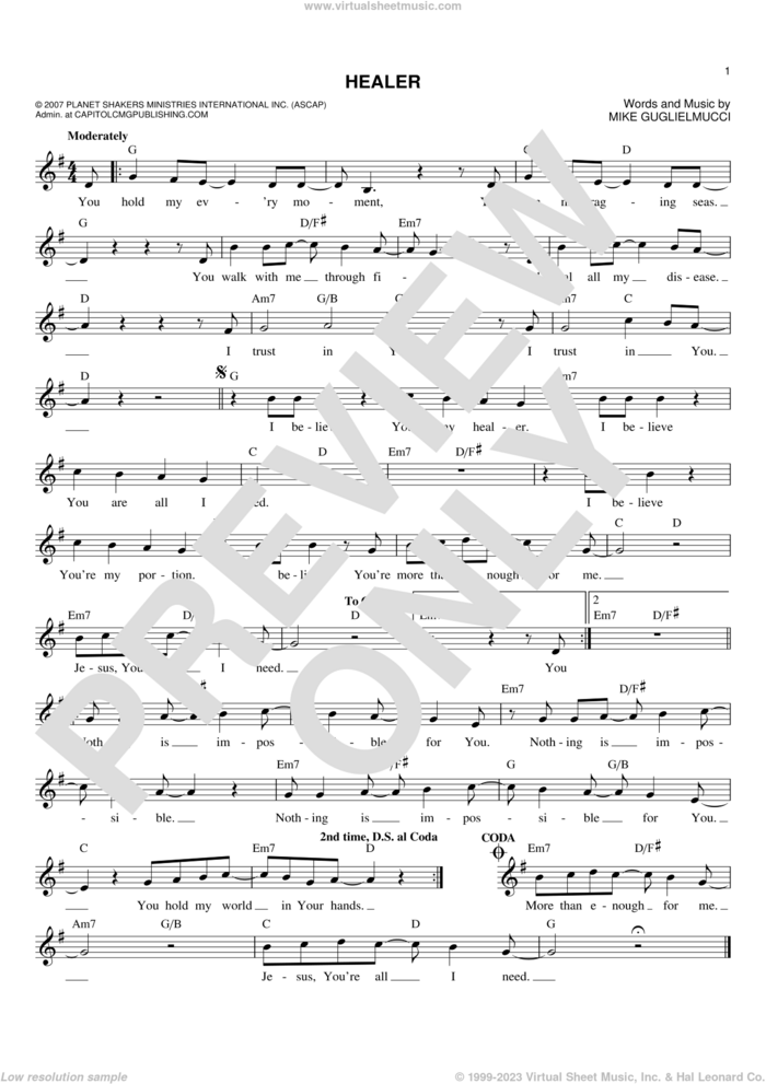 Healer sheet music for voice and other instruments (fake book) by Kari Jobe and Mike Guglielmucci, intermediate skill level
