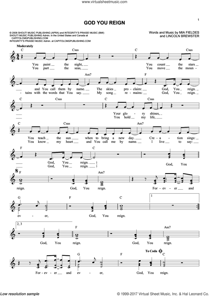 God You Reign sheet music for voice and other instruments (fake book) by Lincoln Brewster and Mia Fieldes, intermediate skill level