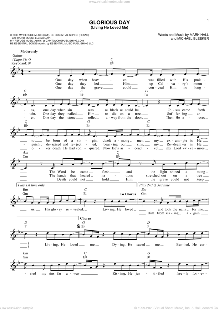 Glorious Day (Living He Loved Me) sheet music for voice and other instruments (fake book) by Casting Crowns, Mark Hall and Michael Bleecker, intermediate skill level