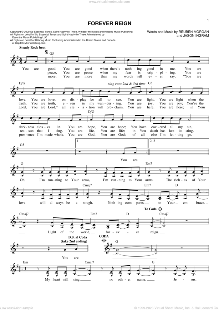Forever Reign sheet music for voice and other instruments (fake book) by Jason Ingram, Hillsong Worship and Reuben Morgan, intermediate skill level