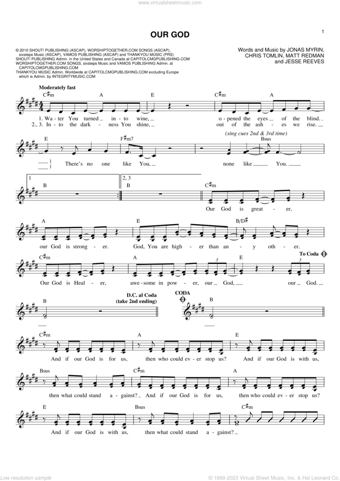 Our God sheet music for voice and other instruments (fake book) by Jesse Reeves, Chris Tomlin, Jonas Myrin and Matt Redman, intermediate skill level