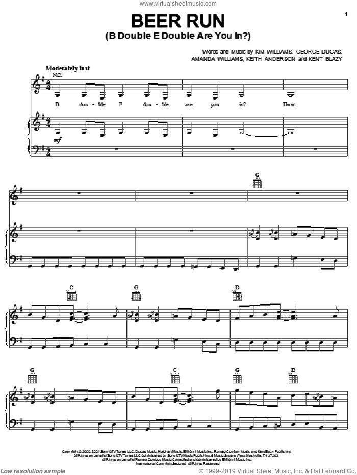 Beer Run (B Double E Double Are You In?) sheet music for voice, piano or guitar by George Jones with Garth Brooks, Garth Brooks, George Jones, Amanda Williams, George Ducas, Keith Anderson, Kent Blazy and Kim Williams, intermediate skill level
