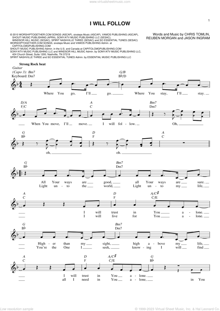 I Will Follow sheet music for voice and other instruments (fake book) by Chris Tomlin, Jason Ingram and Reuben Morgan, intermediate skill level