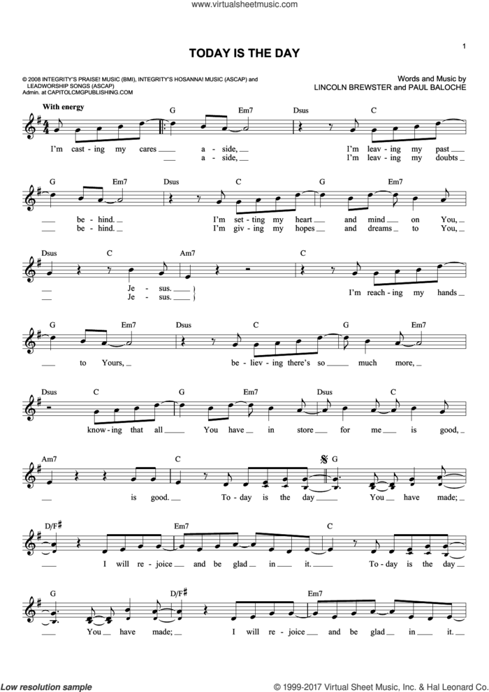 Today Is The Day sheet music for voice and other instruments (fake book) by Lincoln Brewster and Paul Baloche, intermediate skill level
