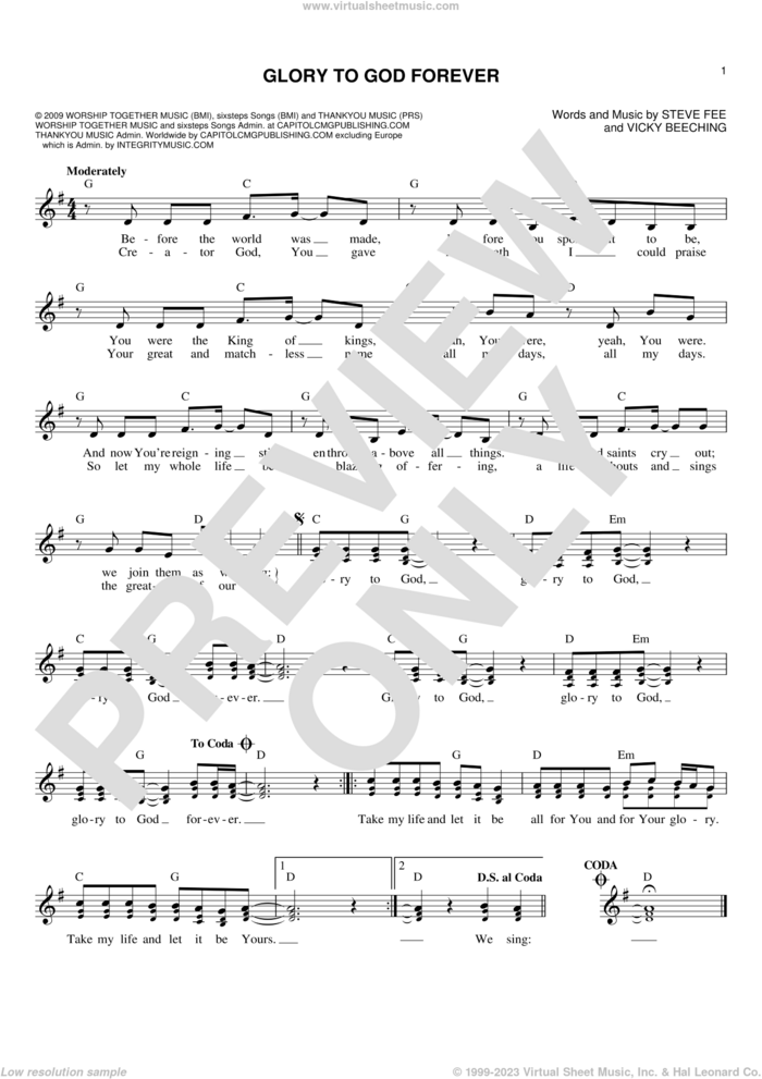 Glory To God Forever sheet music for voice and other instruments (fake book) by Vicky Beeching and Steve Fee, intermediate skill level
